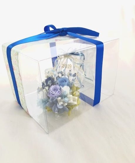 【プリザーブドフラワー／ガラスの靴ミニシリーズ】ブルーのミニ薔薇リボンのガラスの靴