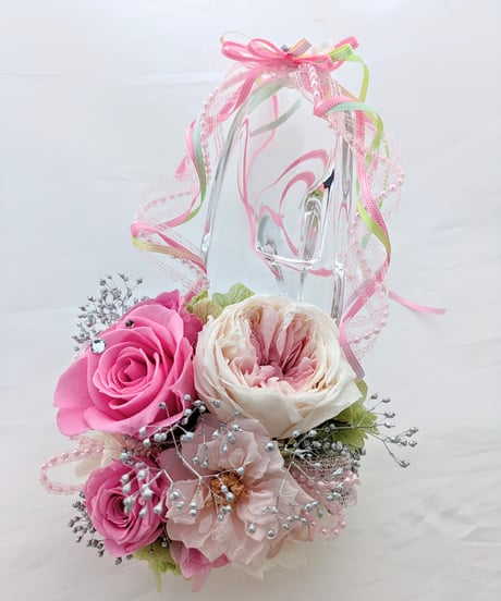 プリザーブドフラワー/ガラスの靴デザイン/ピンクの薔薇とリボンのフラワーシューズ/フラワーケースリボンラッピング付き