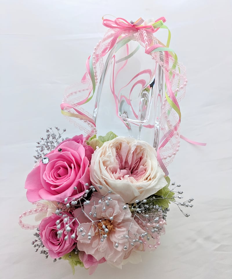 プリザーブドフラワー/ガラスの靴デザイン/ピンクの薔薇とリボンの