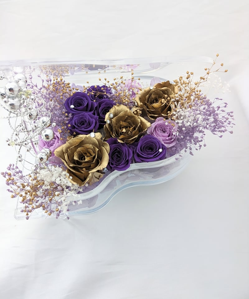 プリザーブドフラワーピアノアレンジ紫の薔薇と金色の薔薇の音色