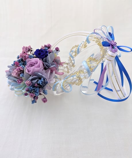 【プリザーブドフラワー／ガラスの靴ミニシリーズ】パープルと青い薔薇のフラワーシューズ