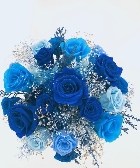 プリザーブドフラワー／星空に染まった青い薔薇の神秘と奇跡／ 陶器花器アレンジ／フラワーケース付き