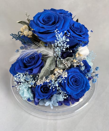 プリザーブドフラワー／青い薔薇11輪のラウンドドームギフト小花と白い羽根／花言葉・最愛の人