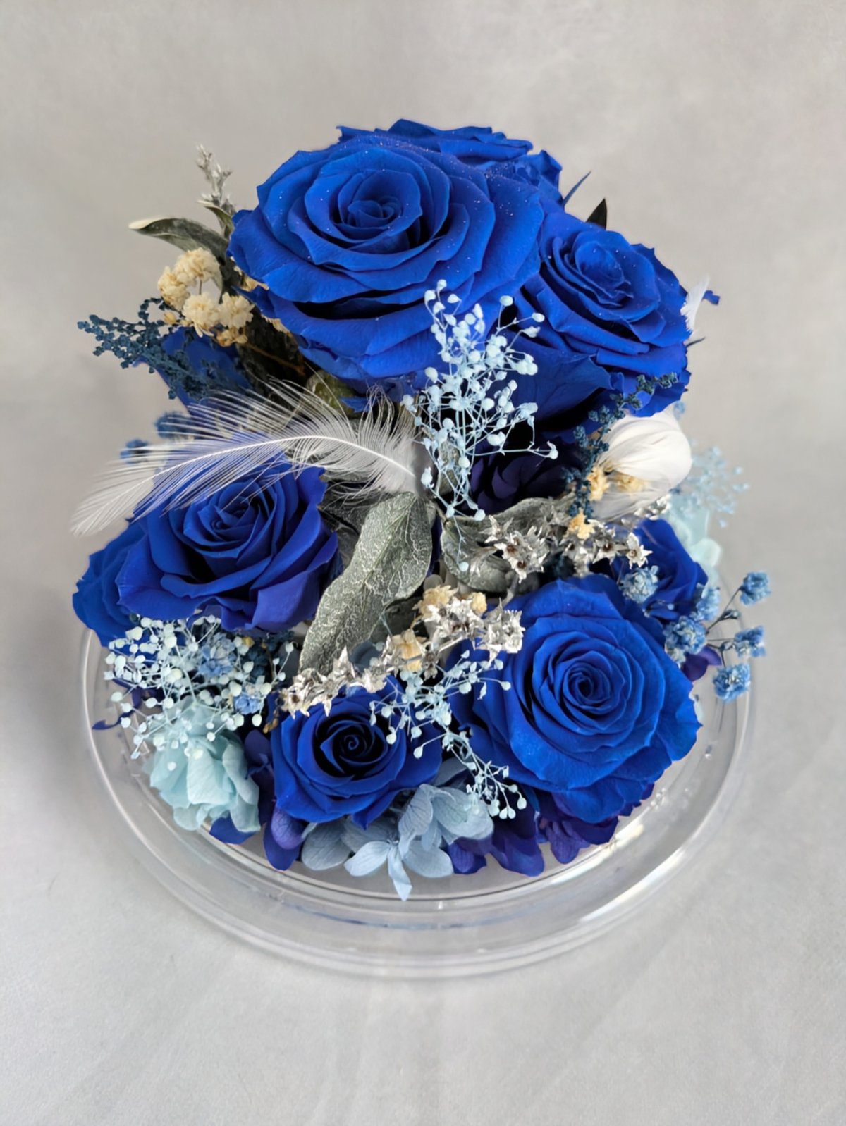 プリザーブドフラワー／青い薔薇11輪のラウンドドームギフト小花と白い