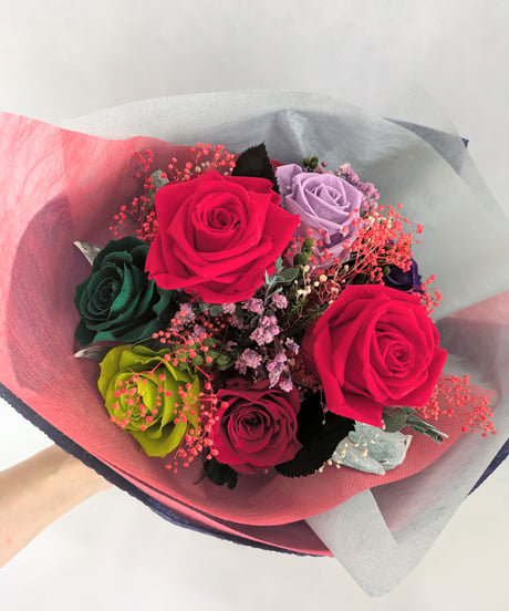プリザーブドフラワー花束／真紅の薔薇とパープル、グリーンローズ10輪花束