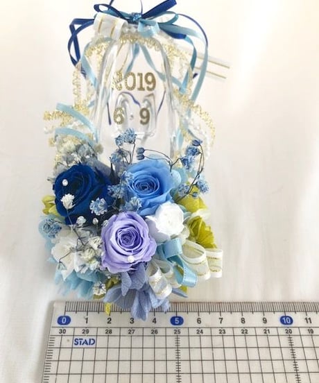 【プリザーブドフラワー／ガラスの靴ミニシリーズ】ブルーのミニ薔薇リボンのガラスの靴