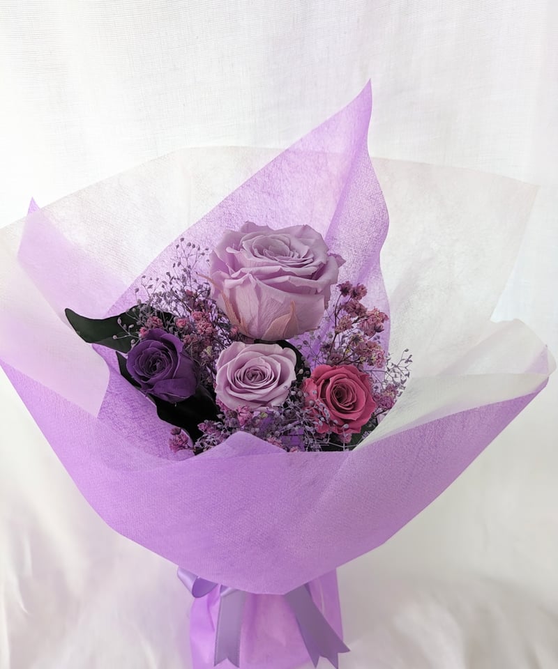 プリザーブドフラワー／大輪のライラックローズとミニ薔薇とかすみ草の
