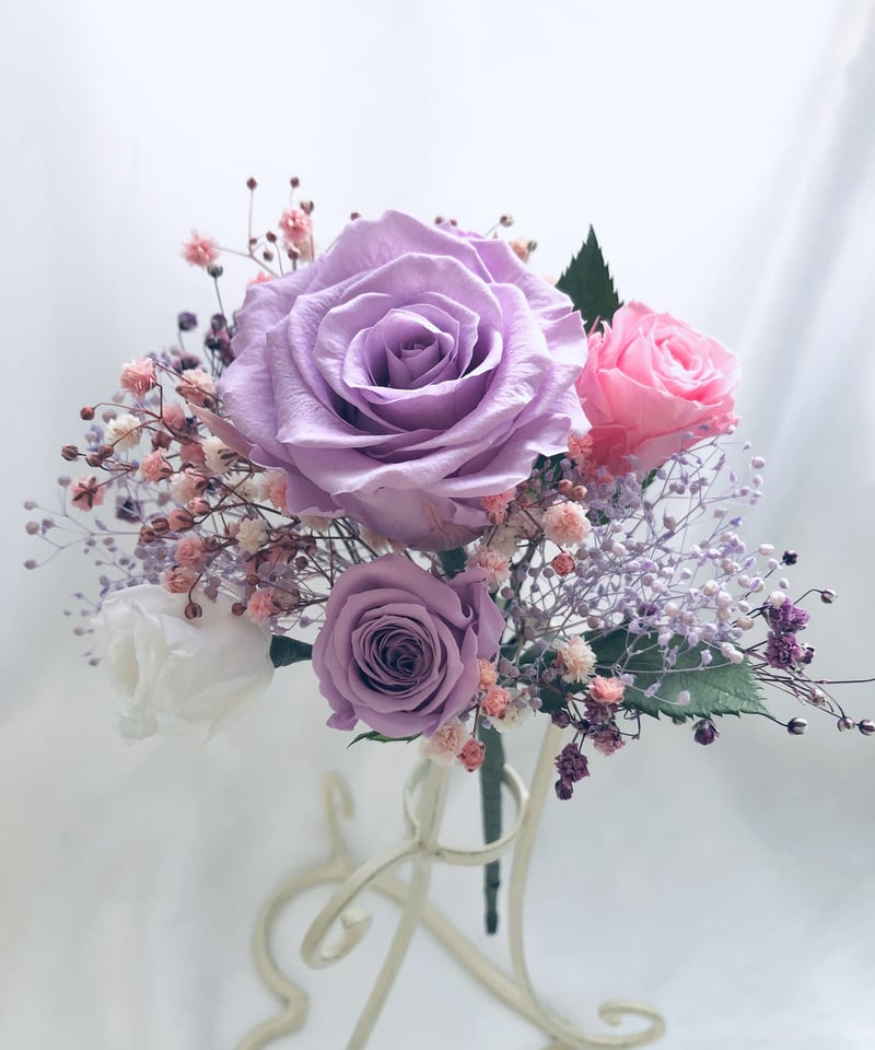 パープルローズとミニ薔薇とかすみ草の花束（プリザーブドフラワー