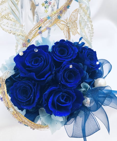 【プリザーブドフラワー／青い薔薇の夜空に染まった星空のガラスの靴】【リボンラッピング付き】リングピロー使用もOK