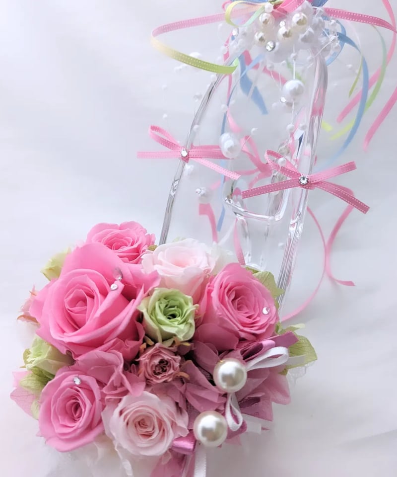 プリザーブドフラワー／ガラスの靴】優しいピンクの薔薇とリボンや