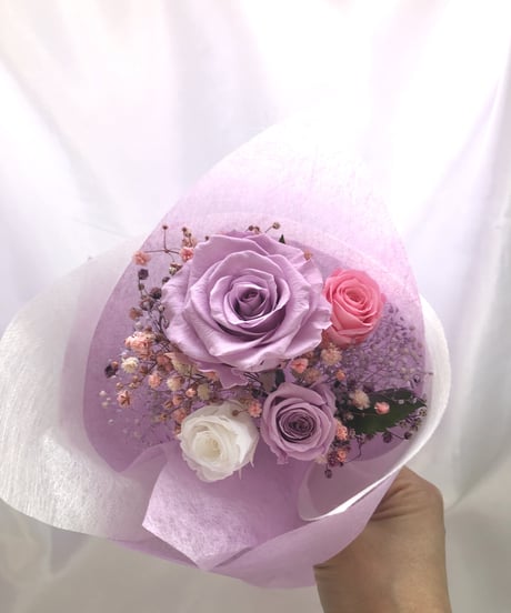 パープルローズとミニ薔薇とかすみ草の花束（プリザーブドフラワー）