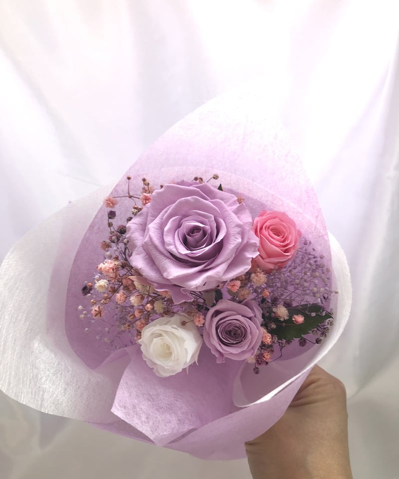 パープルローズとミニ薔薇とかすみ草の花束（プリザーブドフラワー
