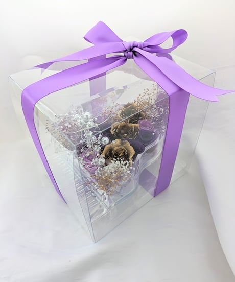 【プリザーブドフラワーピアノアレンジ紫の薔薇と金色の薔薇の音色】フラワーケースリボンラッピング付き
