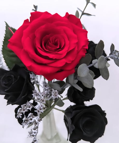 プリザーブドフラワー黒薔薇の魔法発動中シリーズ／大輪の赤い薔薇と黒薔薇の花束　love forever　永遠の愛