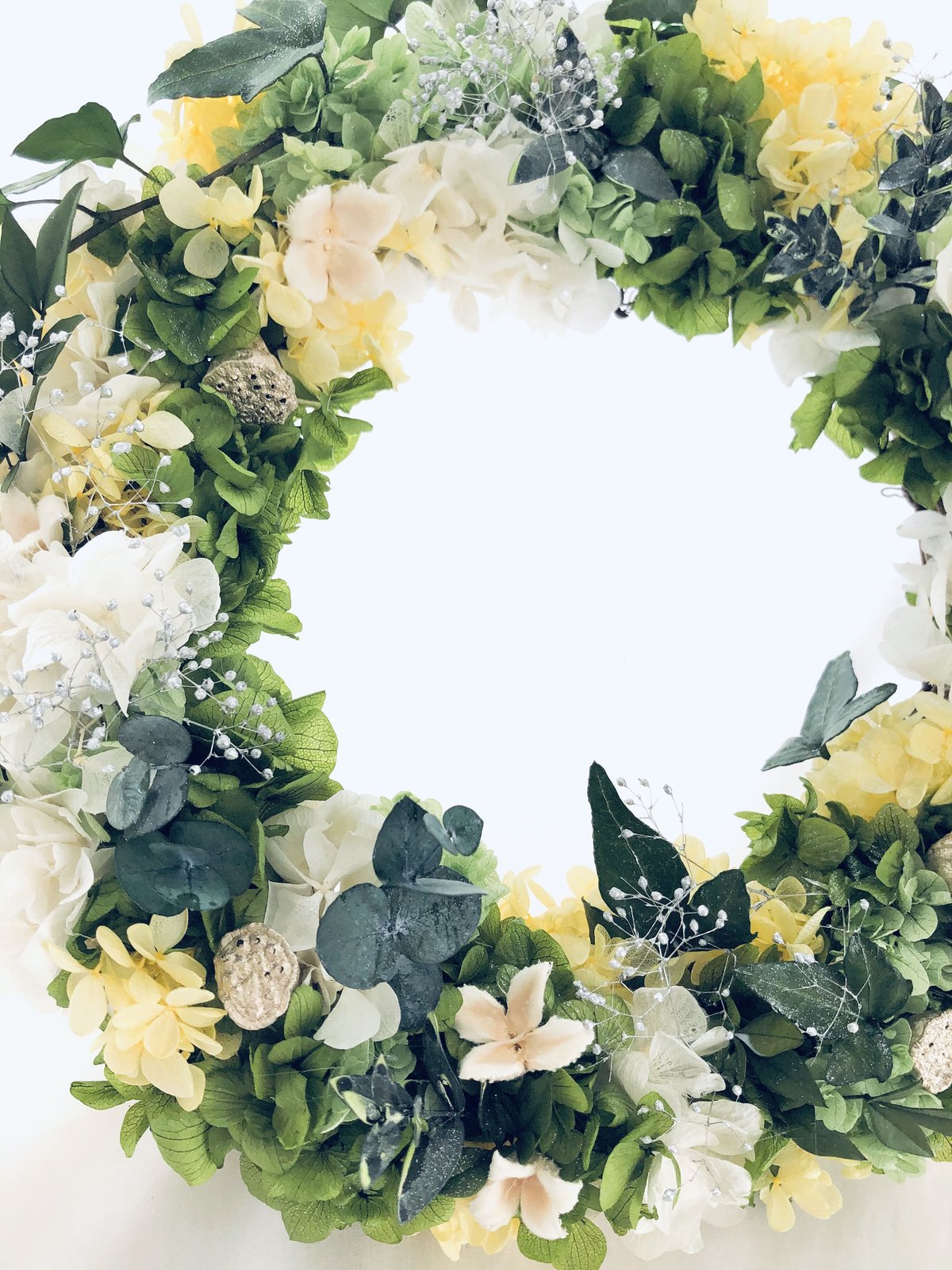 紫陽花と小花のリース セール パープル系紫陽花のドロップ型(雫)リース 玄関ドアリース