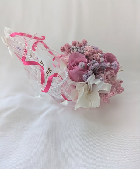 【プリザーブドフラワー／ガラスの靴ミニシリーズ】ピンクの薔薇のプリンセスシューズ