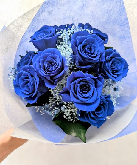 プリザーブドフラワー青い薔薇11本とブルーかすみ草の花束／奇跡．神の祝福．夢かなう／花束スタンド購入選択可
