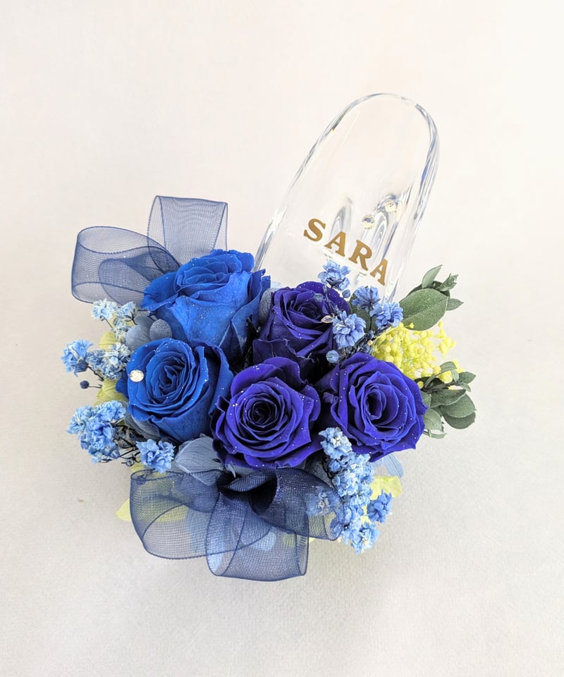 青と透明のガラス花の装飾品 プリザーブドフラワー／ガラスの靴ミニシリーズ】青い薔薇のミニサイズ