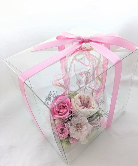 プリザーブドフラワー/ガラスの靴デザイン/ピンクの薔薇とリボンのフラワーシューズ/フラワーケースリボンラッピング付き