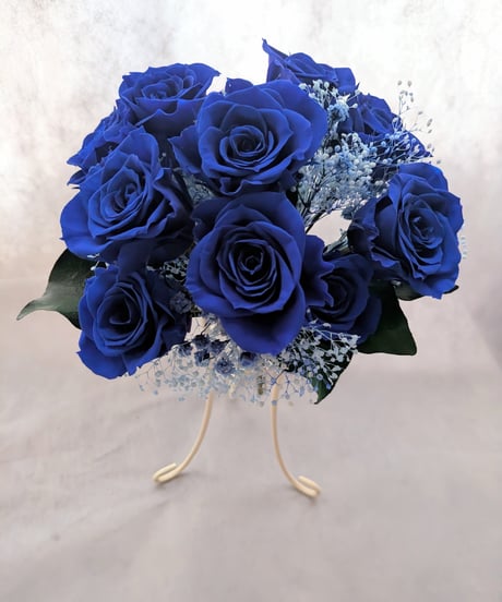 プリザーブドフラワー青い薔薇11本とブルーかすみ草の花束／奇跡．神の祝福．夢かなう／花束スタンド購入選択可