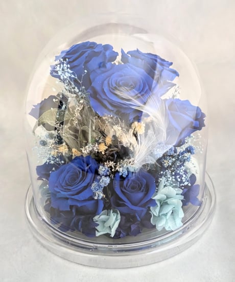 プリザーブドフラワー／青い薔薇11輪のラウンドドームギフト小花と白い羽根／花言葉・最愛の人