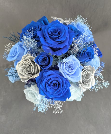 プリザーブドフラワー／星空に染まった青い薔薇とシルバーローズの神秘と奇跡／ 陶器花器アレンジ／フラワーケース付き
