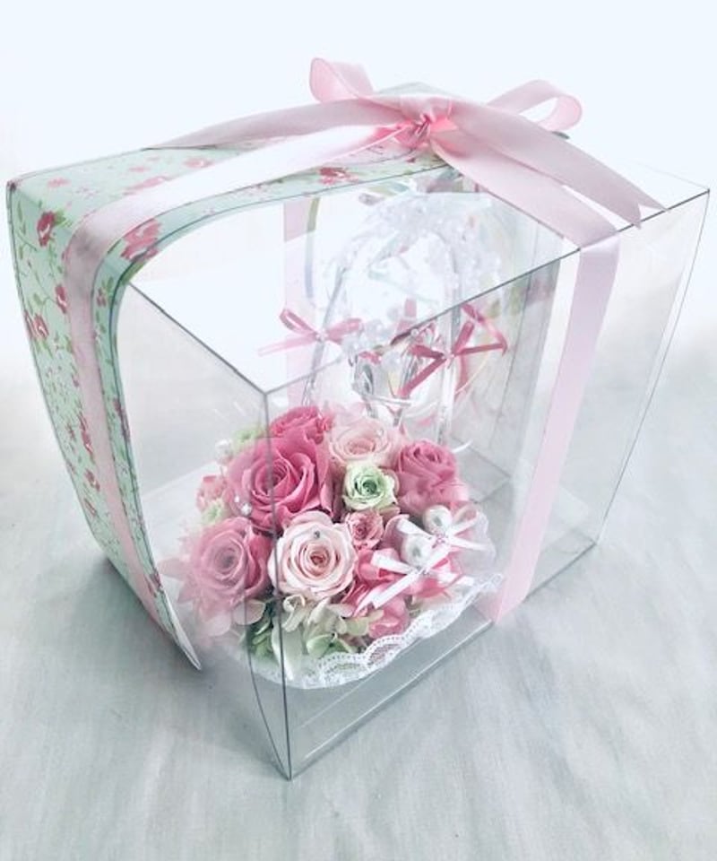 プリザーブドフラワー／ガラスの靴リングピロー】優しいピンクの薔薇と