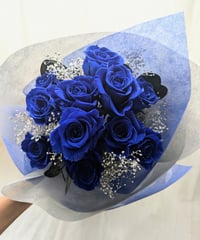 プリザーブドフラワー青い薔薇11本とかすみ草の花束／奇跡．神の祝福．夢かなう