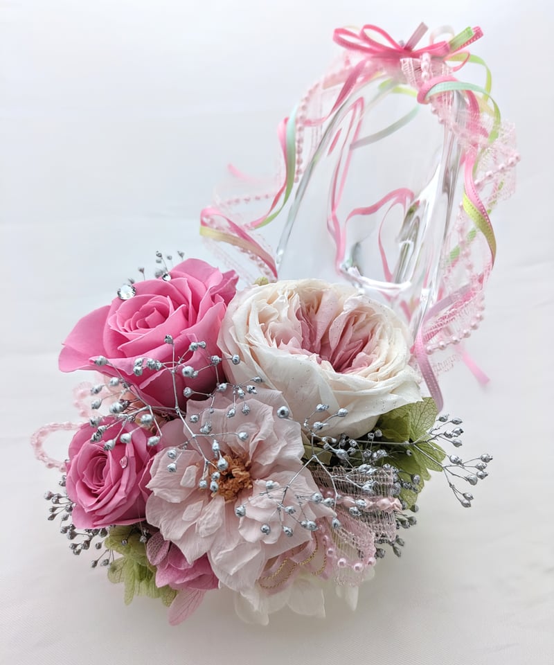 プリザーブドフラワー/ガラスの靴デザイン/ピンクの薔薇とリボンの