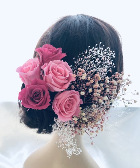 【ヘッドドレス／髪飾りプリザーブドフラワー／ウェディング・前撮り和装】ピンクの薔薇