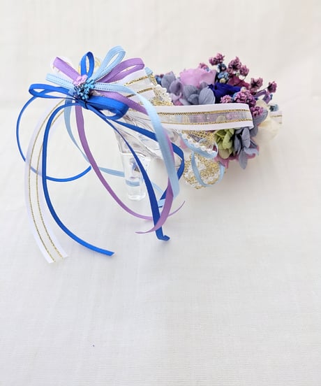 【プリザーブドフラワー／ガラスの靴ミニシリーズ】パープルと青い薔薇のフラワーシューズ