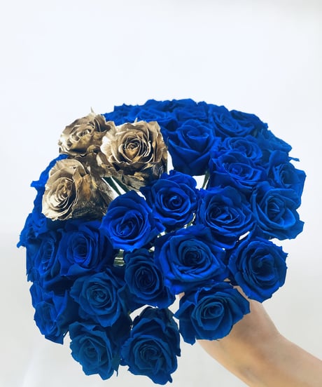 青薔薇とゴールドローズの50輪花束/プリザーブドフラワー奇跡の祝福/花束ラッピング