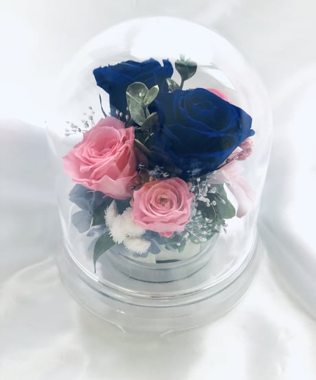 プリザーブドフラワー／ドームの中に咲く青とピンクの薔薇と小花のフラワードーム