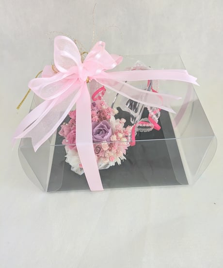 【プリザーブドフラワー／ガラスの靴ミニシリーズ】ピンクの薔薇のプリンセスシューズ