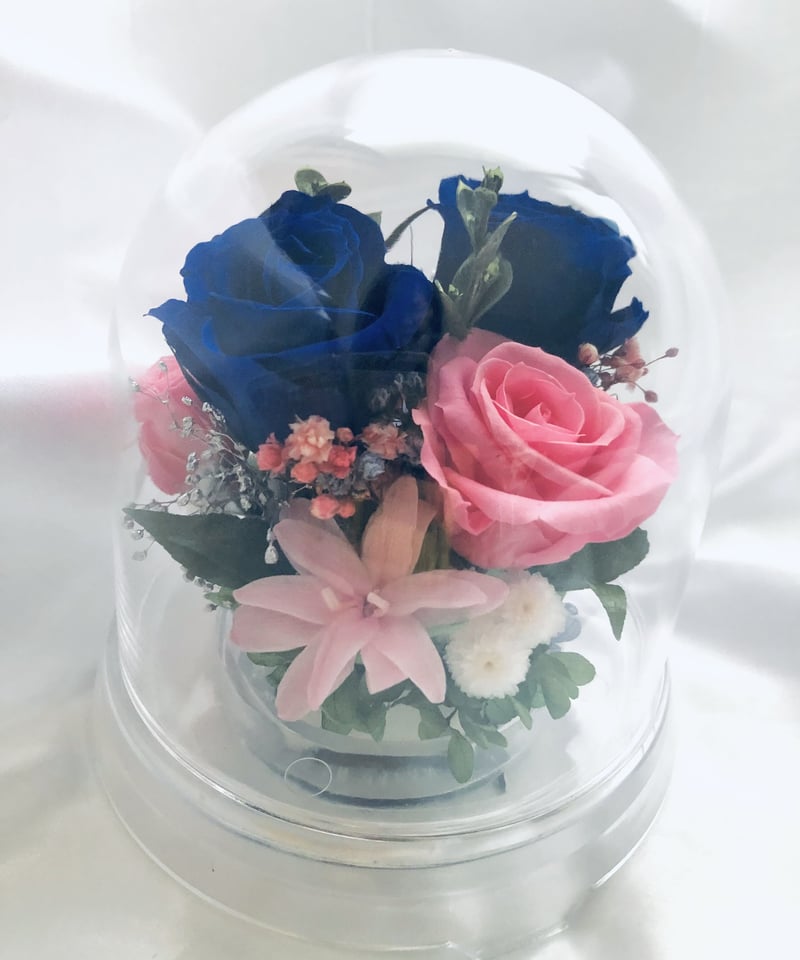 プリザーブドフラワー／ドームの中に咲く青とピンクの薔薇と小花の