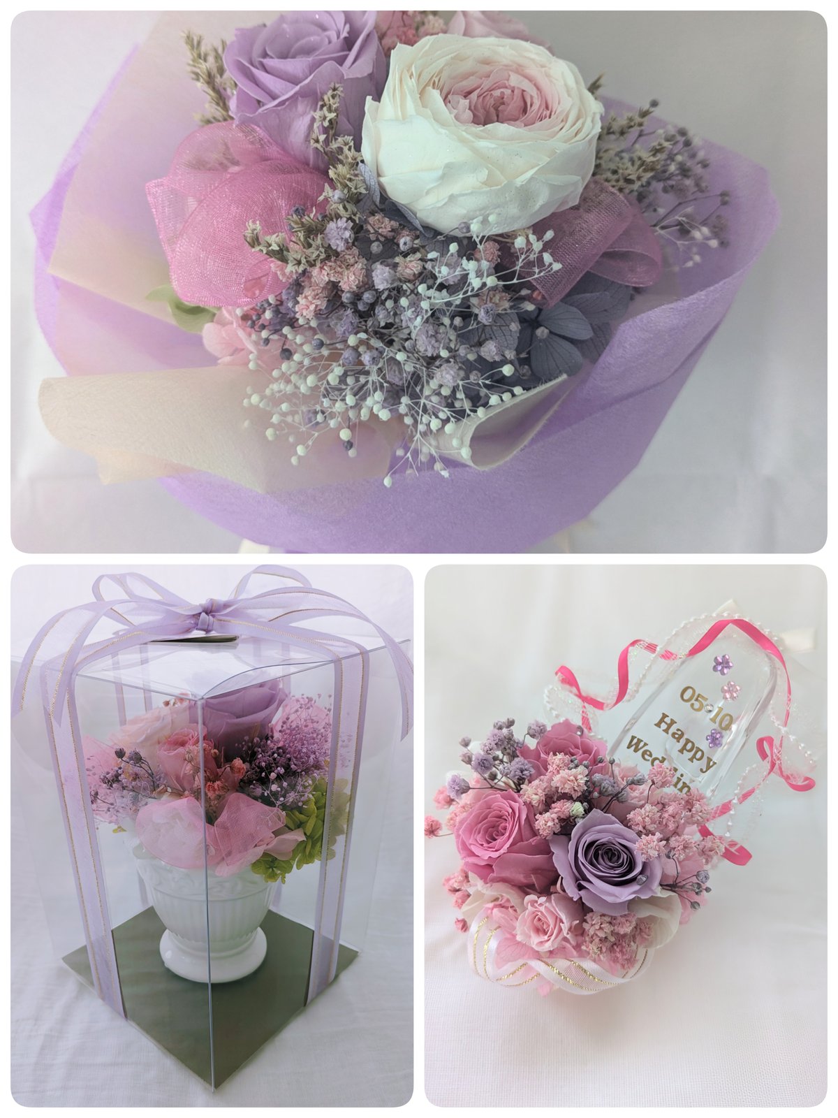 パープルローズプリンセスセット／プリザーブドフラワーギフト3種類