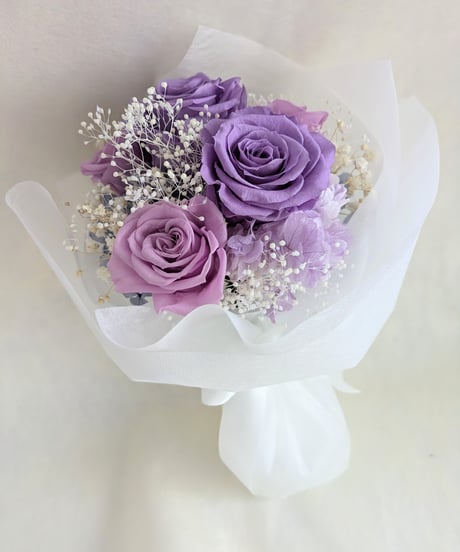 プリザーブドフラワー/ライラックローズと紫陽花の花束/花束ラッピングでお届け