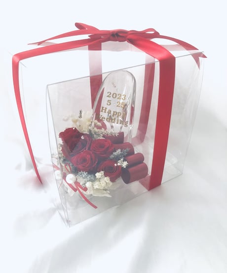 プリザーブドフラワー真紅の薔薇のガラスの靴リングピロー（フラワーケースリボンラッピング付き）