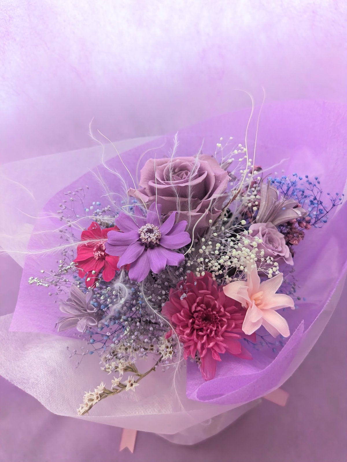 パープルローズフローラルセット／プリザーブドフラワーギフト3種類