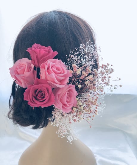 【ヘッドドレス／髪飾りプリザーブドフラワー／ウェディング・前撮り和装】ピンクの薔薇