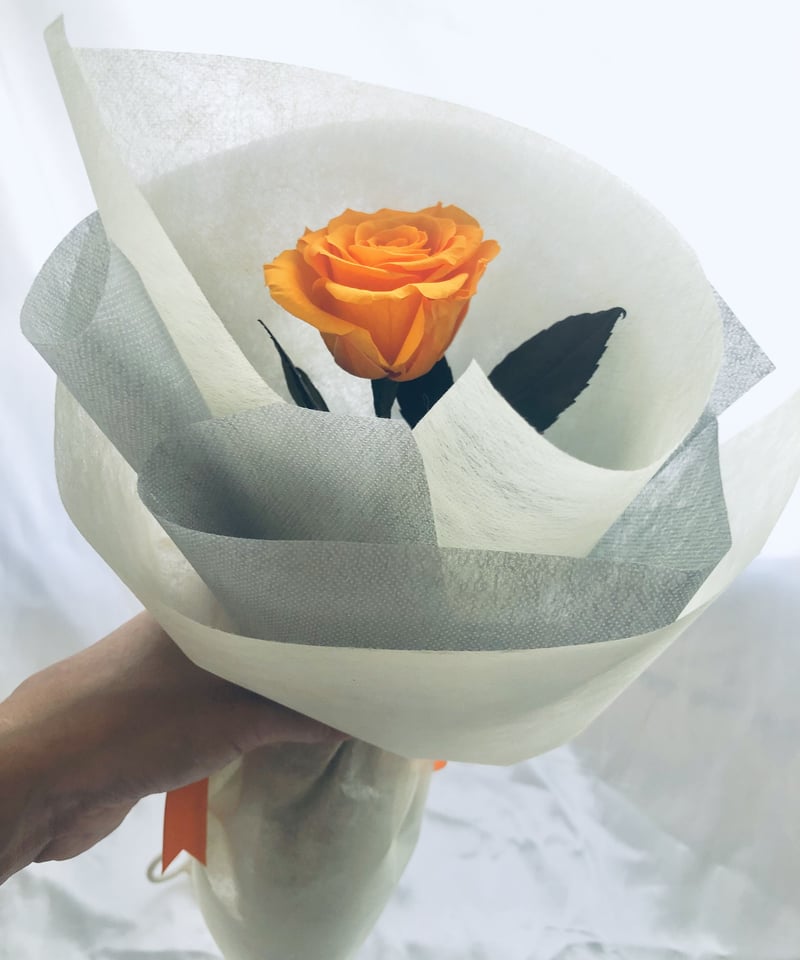 プリザーブドフラワー／オレンジ色の薔薇のふんわり一輪ラッピング