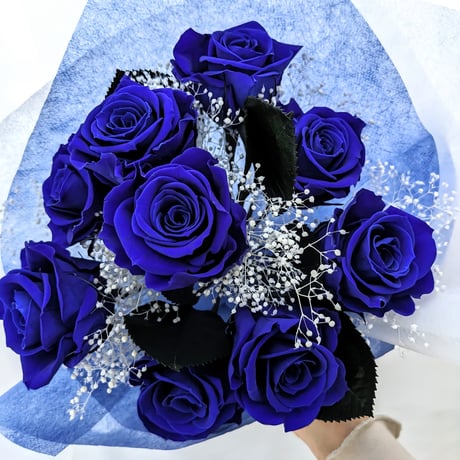 プリザーブドフラワー青い薔薇9輪とかすみ草の花束
