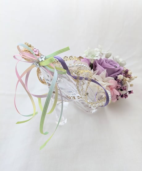 【プリザーブドフラワー／ガラスの靴／パープルドレスのプリンセスの魔法の靴／フラワーケースリボンラッピング付き】