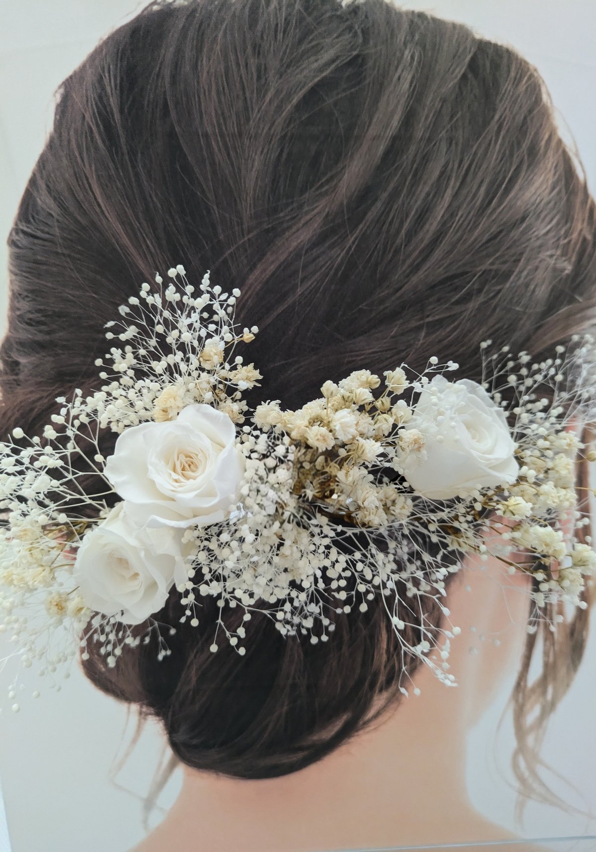 プリザーブドフラワー／ウエディング髪飾り前撮り／白いミニ薔薇と