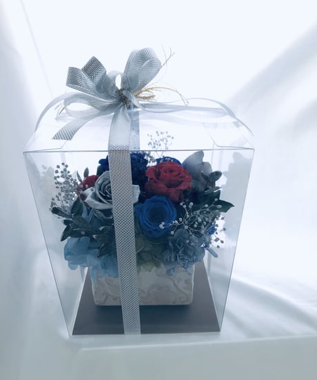 プリザーブドフラワー青と赤い薔薇にシルバーローズの魔法の枯れないお花【リボンラッピング付き】