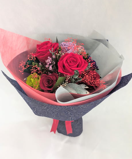 プリザーブドフラワー花束／真紅の薔薇とパープル、グリーンローズ10輪花束