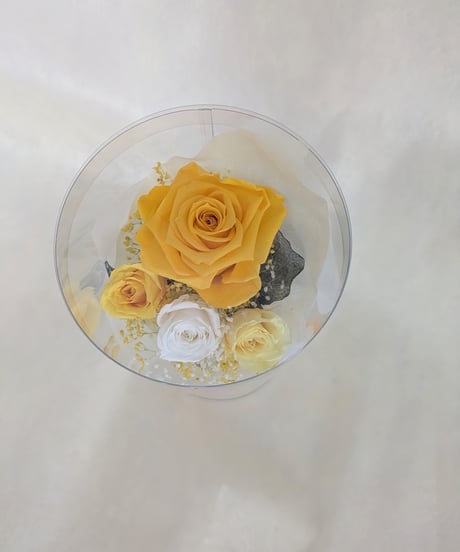 プリザーブドフラワー／ゴールドイエローとミニ薔薇とかすみ草花束／そのまま飾れるクリアケース入り花束