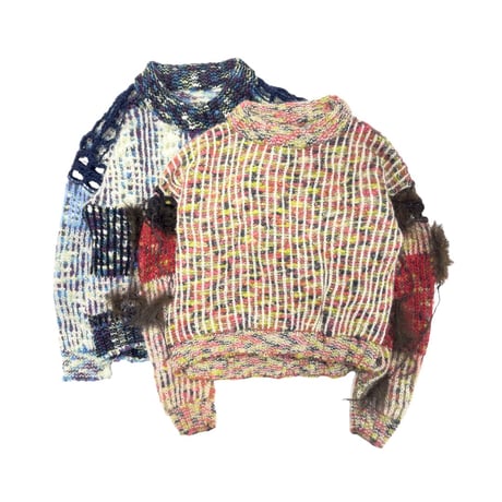 Colorful  mesh-stitch knit1 (+ feather yarn)