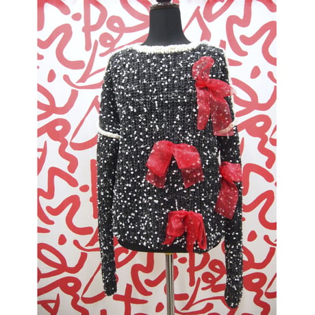 Pon Pon Ribbon knit < White / Black >