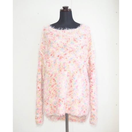 Colorful pom pon knit _ Unisex < Reddish color >